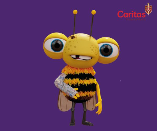 An animated bee stands with its arm in plaster, set against a purple background, with the Caritas Salford logo in the top-right corner