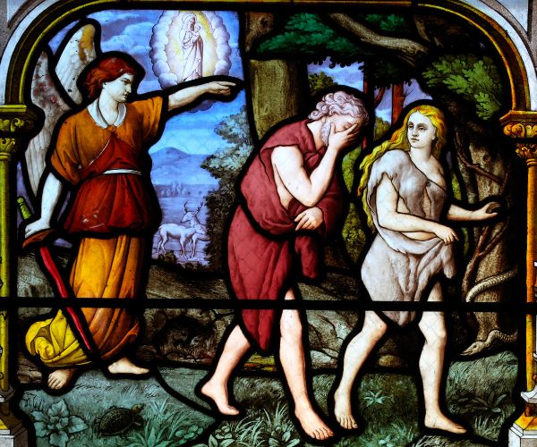 Image of Adam and Eve being expelled from the Garden of Eden. In the background, you can see Our Lady holding the infant Christ in her arms, reminding us that The Immaculate Conception is the antidote to The Fall. 
