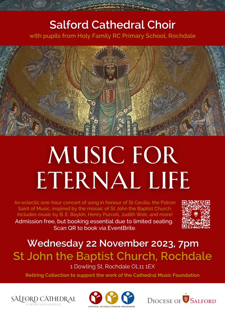 Poster for Music for Eternal Life including a photo of the Eternal Life mosaic at the parish and details of the event as described in the article