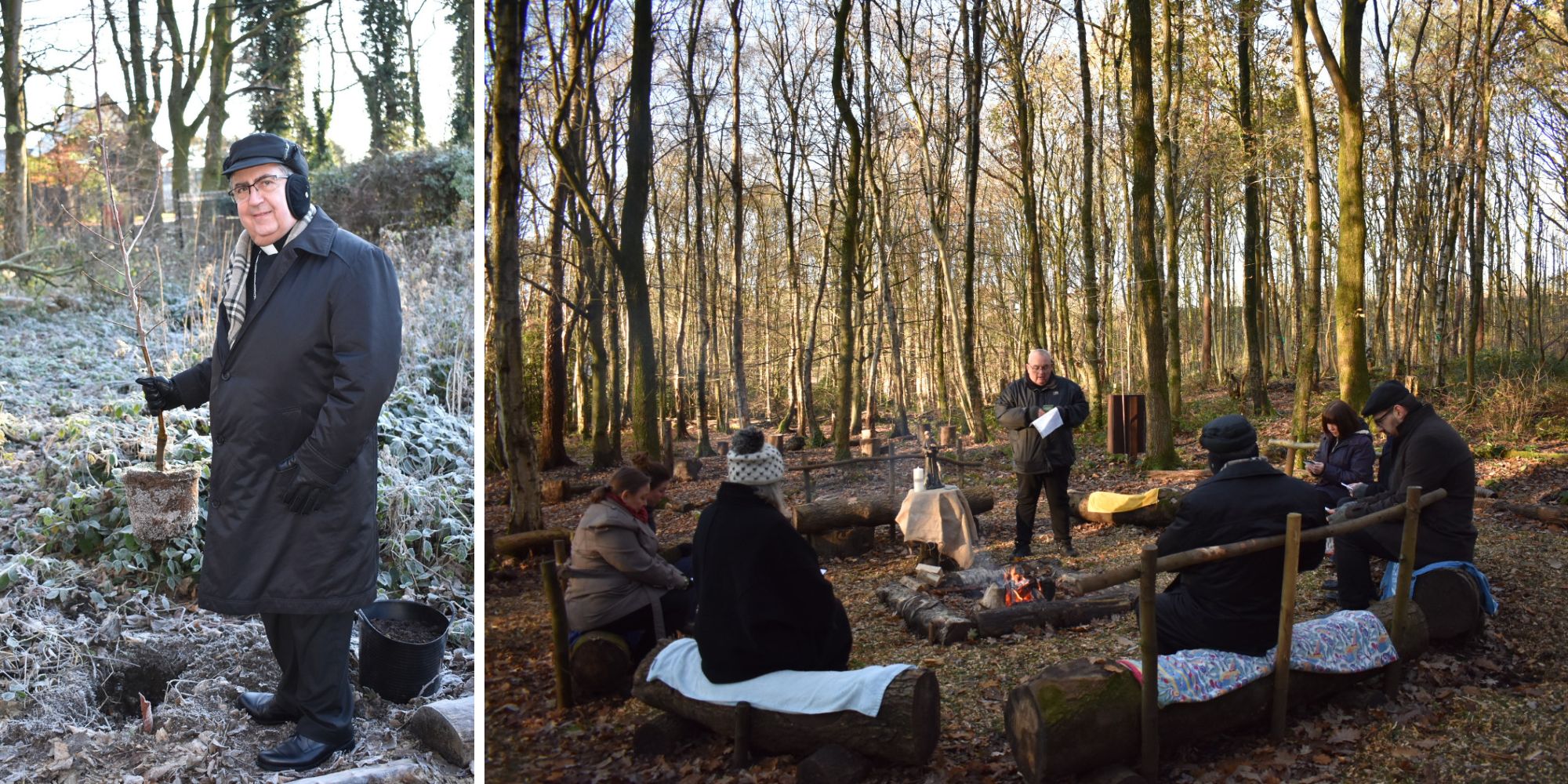 Two photos showing Nuncio's visit to the Laudato Si' Centre: Photo 1 shows the Nuncio holding the apple tree about to be planted. Photo 2 shows the group sitting around the fire as Deacon John stood to give a reflection