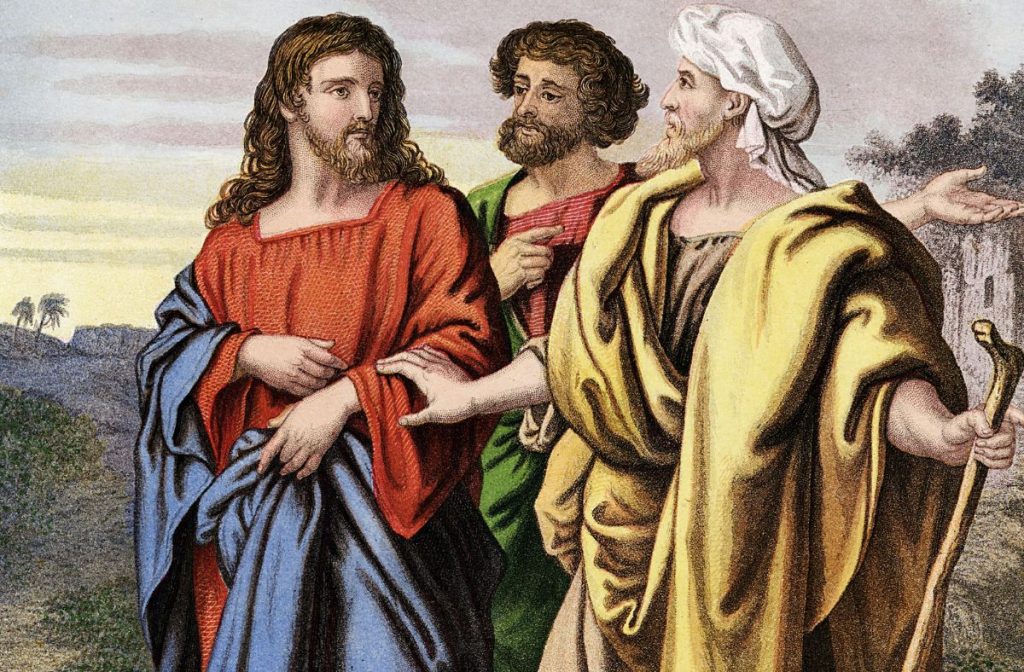 A painting of the Gospel story of The Road to Emmaus. Jesus, dressed in red and blue, walks alongside two other men, who are in discussion with Jesus