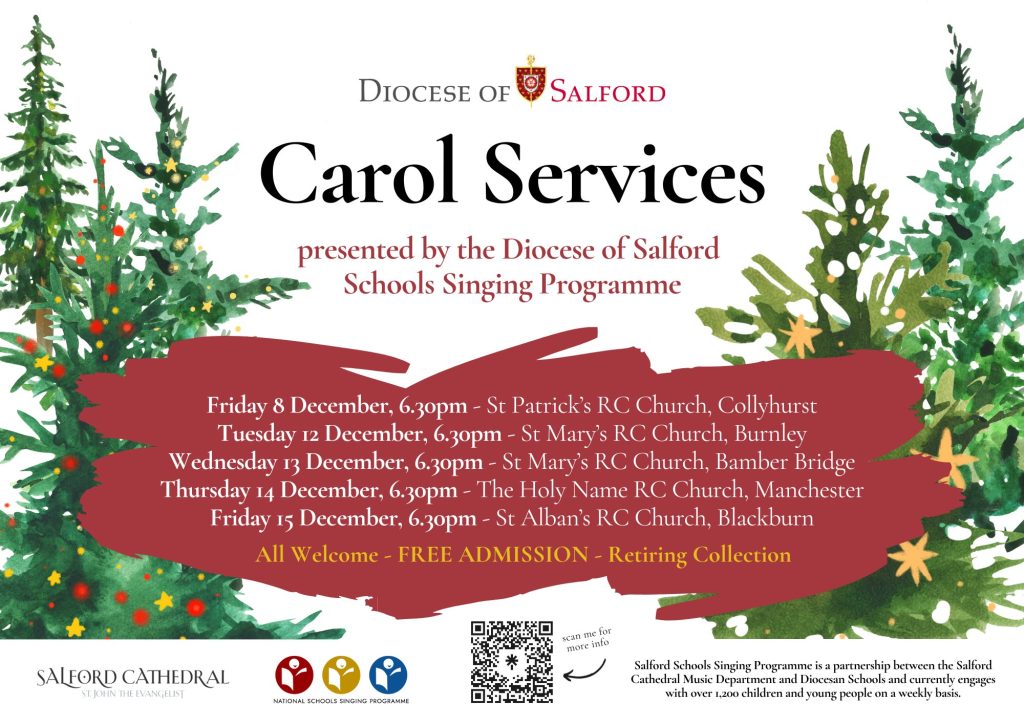 Christmas Trees in the background with details of the Carol Christmas Services as described in the main body of the text