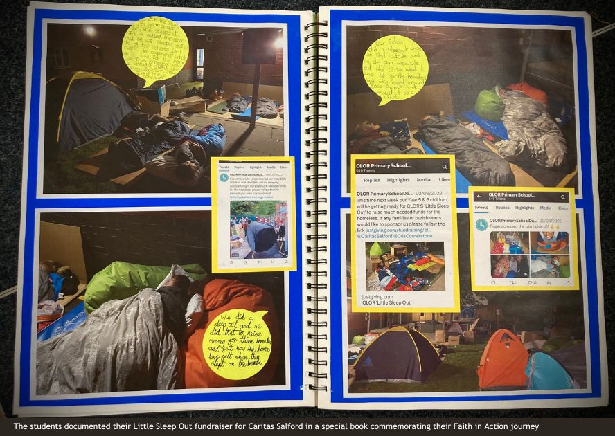 The students documented their Little Sleep Out fundraiser for Caritas Salford in a special book commemorating their Faith in Action journey