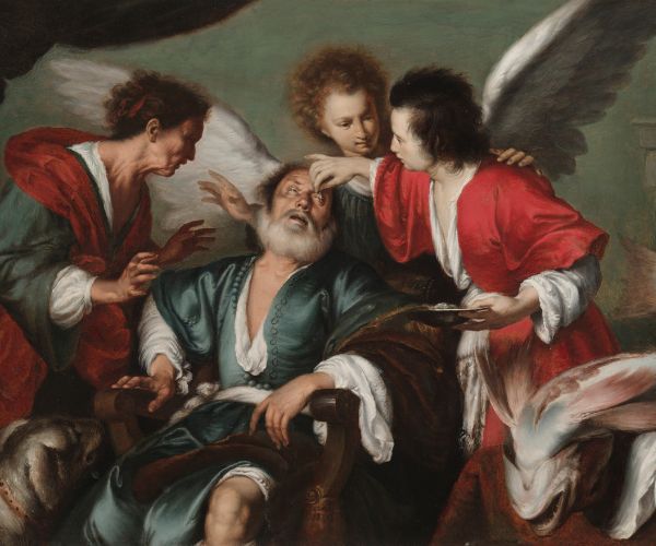 A winged angel and two people dressed in red gather around the elderly Tobit and peel the film off his eyes, curing his blindness