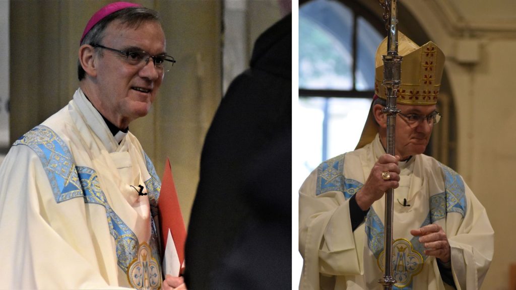 Collage of two photos from Bishop John's Ruby Jubilee. The first showing Bishop John in conversation with a parishioner and the second with his bishop's mitre and crosier 