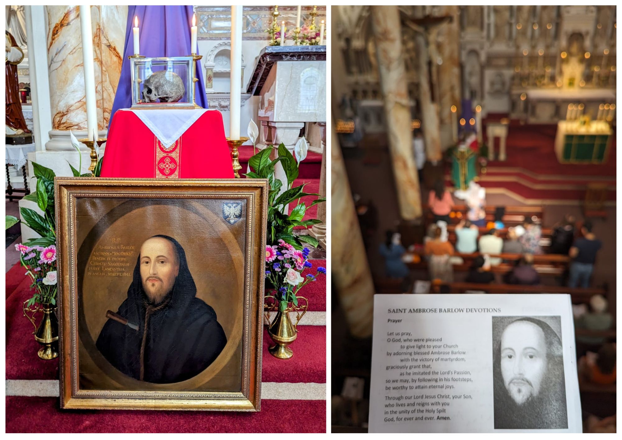 Two photos depicting the skull of St Ambrose above his portrait, and a photo of the Mass sheet taken from the choir loft overlooking the congregation