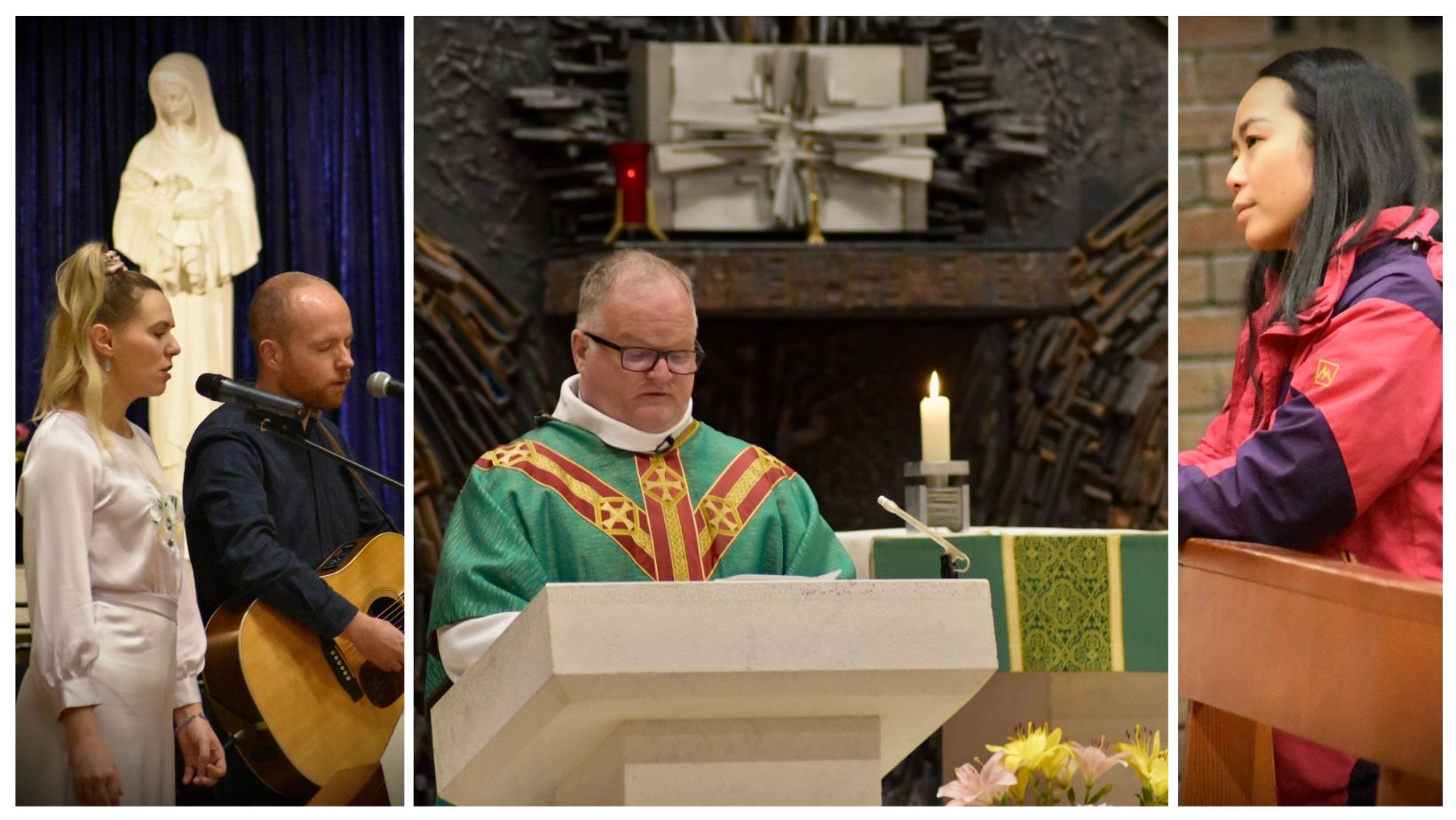 Trio of photos from Young Adult Mass, showing a young woman and man singing and playing the guitar in front a statue of Our Lady, Fr David Yates in green vestments preaching at the lectern, and a young woman kneeling down in prayer