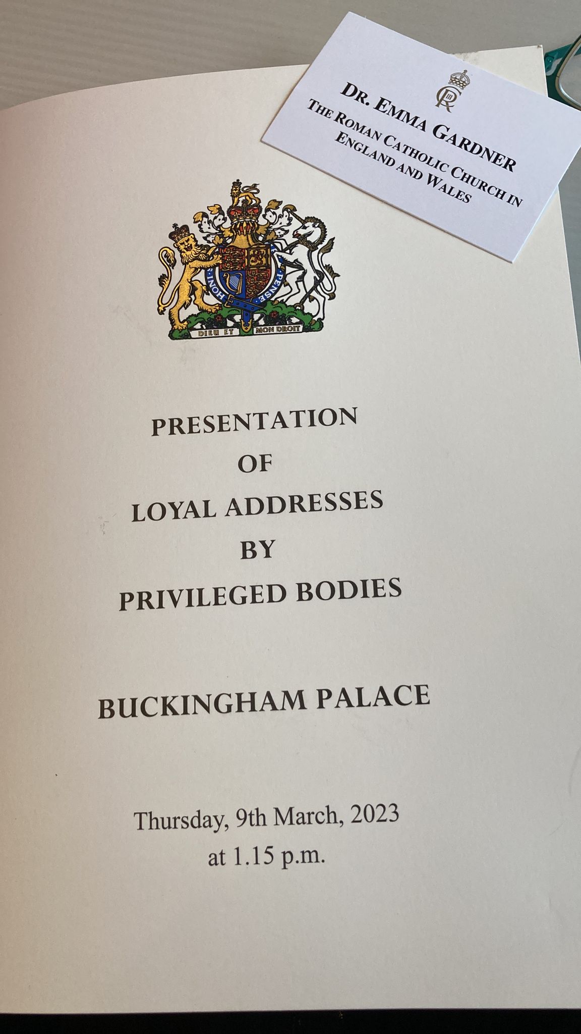 Booklet from Dr Emma Gardner's visit to Buckingham Palace