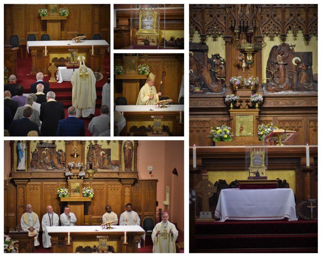 A collage of photos from the Mass celebrating the visits of the relics