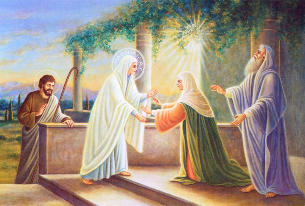 A drawing showing the scene of The Visitation. Mary, dressed in white, appears alongside the word "Magnificat" holding out her hands to her cousin Elizabeth